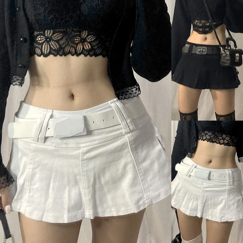 

Women Gothic Punk Sexy Low Waist Pleated Micro Denim Skirt Harajuku Solid Color A-Line Flare Hem Vintage Casual Slim with