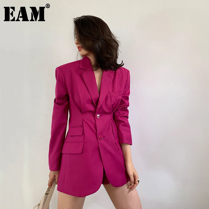 

[EAM] Women Rose Red Pleated Split Joint Blazer New Lapel Long Sleeve Loose Fit Jacket Fashion Tide Spring Autumn 2022 1X573