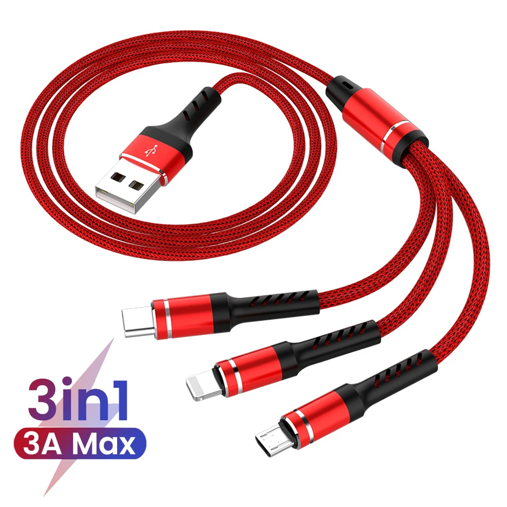 3 в 1 кабель Micro USB Type C 8pin для iPhone 8X7 6 6S Plus iOS 10 9 8 Samsung Huawei 3A кабели быстрой зарядки