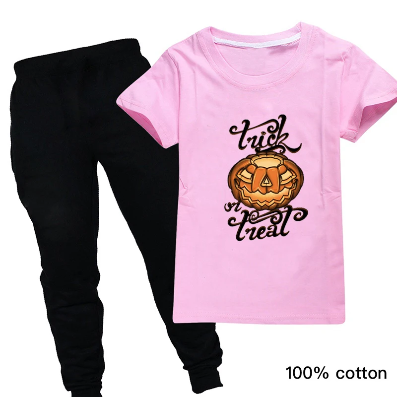 

Cartoon Halloween Outfits for Girls Boutique Toddler Baby Boy Summer Clothes Pumpkin Tops Black Pants 2PC Children Clothing Set