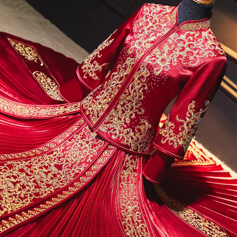 Retro Traditional Embroidery Chinese Cheongsam Couple Wedding Suit Elegant Bride Marry Dress Qipao китайская одежда