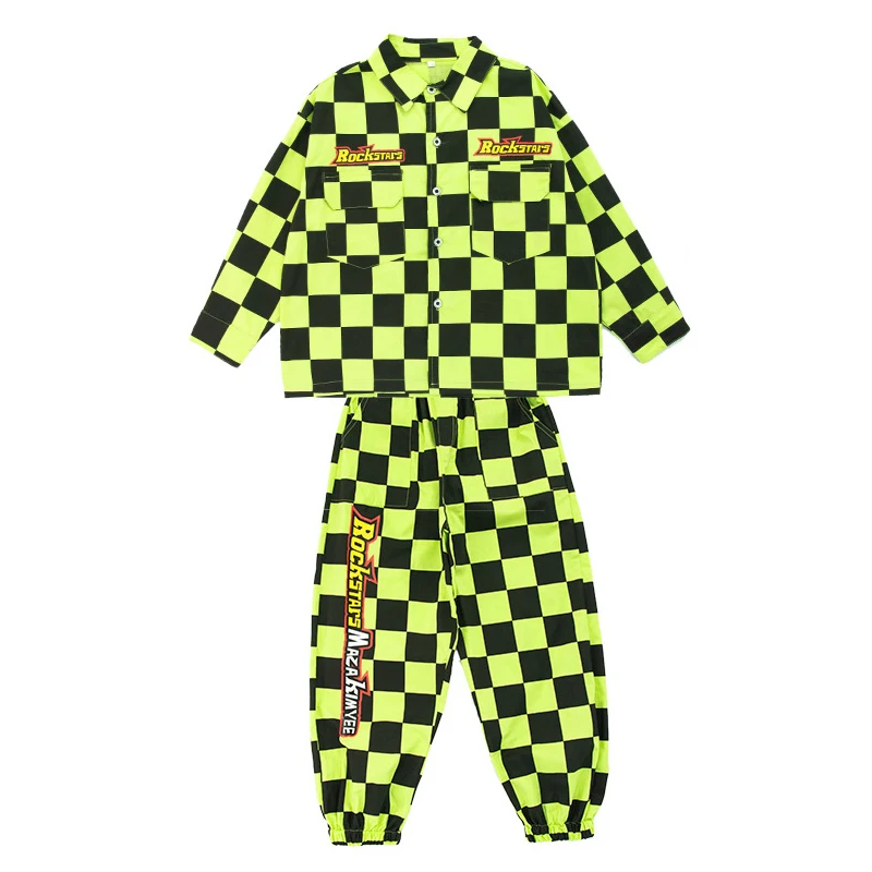 

2021 Children Street Hip Hop Clothing Green Lattice Shirt Pants For Girls Hiphop Outfit Stage Performance Jazz Boys Costume