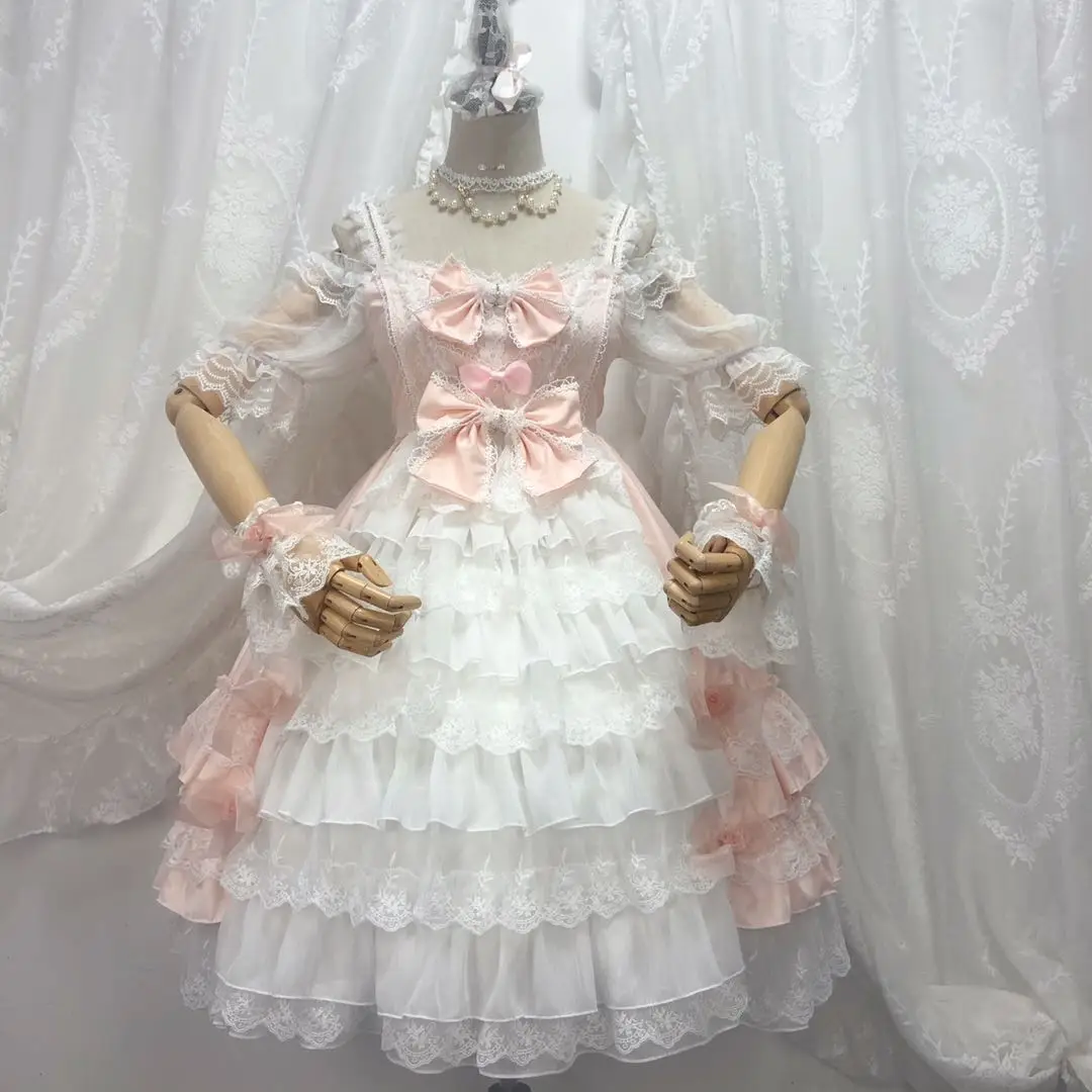 

Kawaii Vestido Kawai Sweet Girl Tea Party Cos Lolita Clothes Victorian Lovely Lace Pink Bow Lolita Daily Sp Girl Lolitas Dress