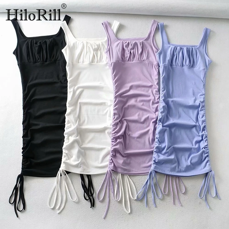

HiloRill Summer Sexy Bodycon Dress Women Sleeveless Drawstring Sheath Party Dress Pleated Lady Beach Mini Dresses Vestidos Mujer