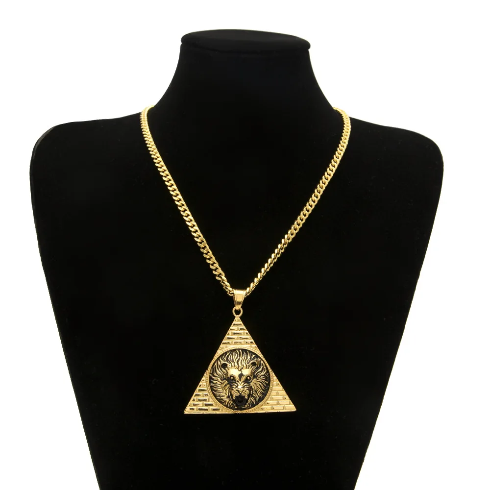 

Stainless Steel Men Gold color triangle lion pendant necklaces 70cm long cuban link chain fashion necklace gifts jewelry