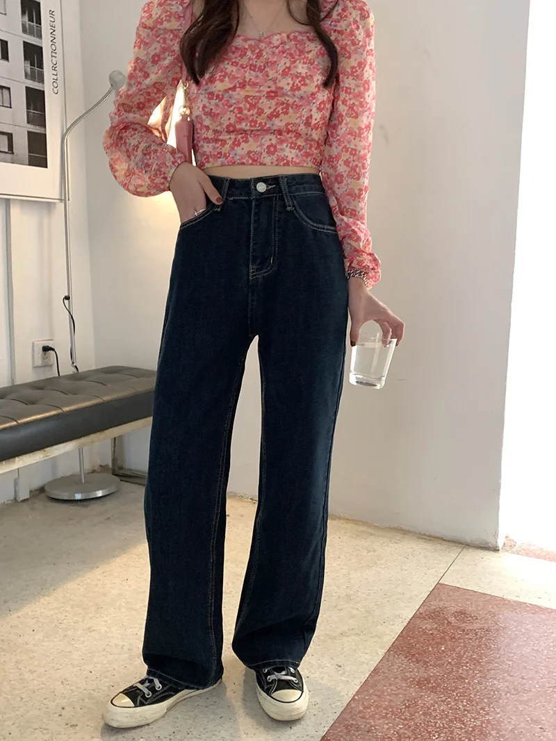 Simple Dark Jeans Blue Wide Leg Korean Loose High Waist Commuter Casual Straight Pants Small 2021 | Женская одежда