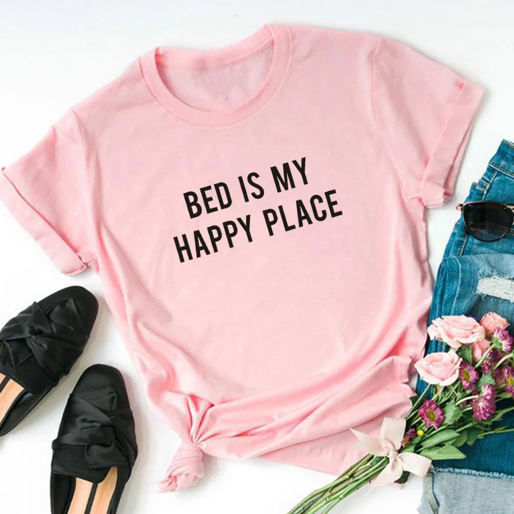 Женская хлопковая Футболка с принтом кровати is my happy место Tumblr Подарочный Топ для