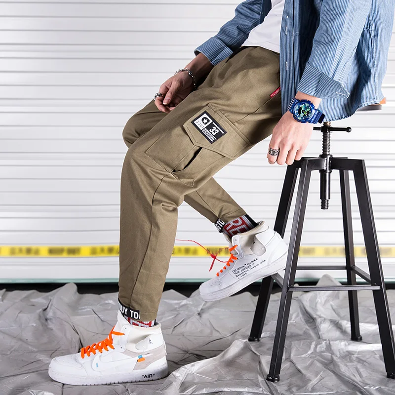 

Men's Small Feet Elastic Waist Tooling Cotton Spring and Autumn Cropped Pants Hip Hop Trousers