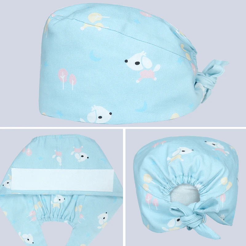 

White Dog Printing Scrub Caps Pattern Veterinary Nursing Work Hat 100% Cotton Dental Clinic Beautician Cooking Chef Skull Cap