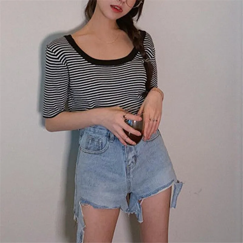 

Korean Casual Striped T Shirt Women Summer Loose U-neck Short Sleeve Knitted T-shirt Vogue Tops Tee Shirt Feminina