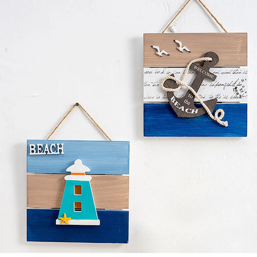 

Wooden Ocean Wall Art Multi-Colored Ocean Wall Hanging Decorative Wood Art Crafts With Iron Anchor Shape Home Decoration