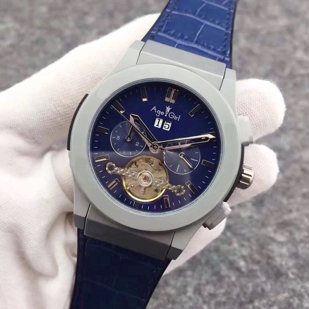 

Luxury Brand New Men Sport Watches Grey Titanium Black Blue Brown Leather Rubber Tourbillion Transparent Calendar Daydate Watch