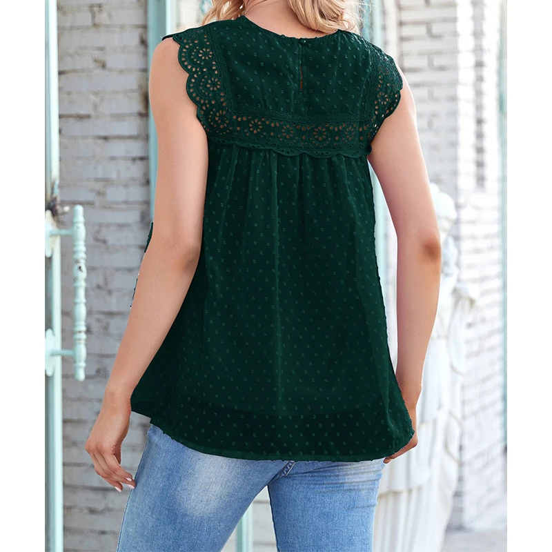 

Sexy Vest Elegant Ladies O-neck Patchwork Lace Top Solid Color Sleeveless Basic Tank Tops mujer Office Vacation Chiffon T Shirts