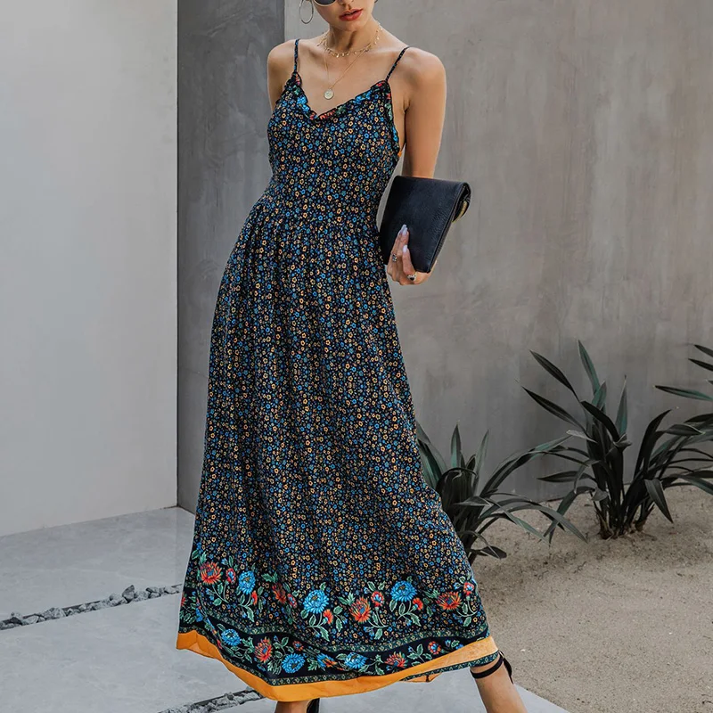 Женское платье без рукавов SWQZVT длинное Пляжное Платье макси с цветочным принтом