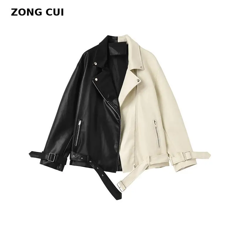 

Women Bike Moto Jacket 2021 New Spring Autumn Loose Oversize Faux Leather Coat Woman Patchwork Color Black White Pu Outwear Fall