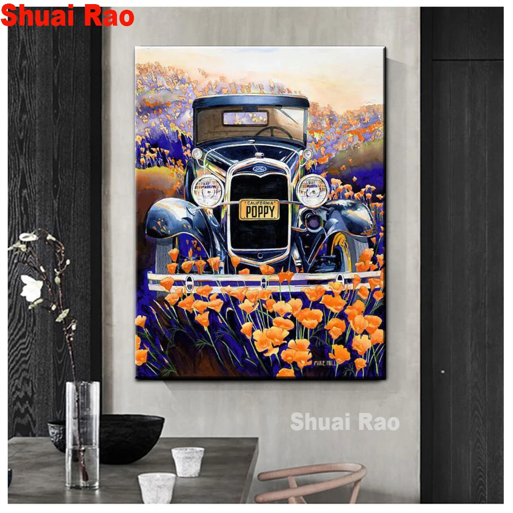 

old car flowers 5d diy diamond embroidery new picture diamond painting cross stitch full square for garden decor puzzles 3d art,