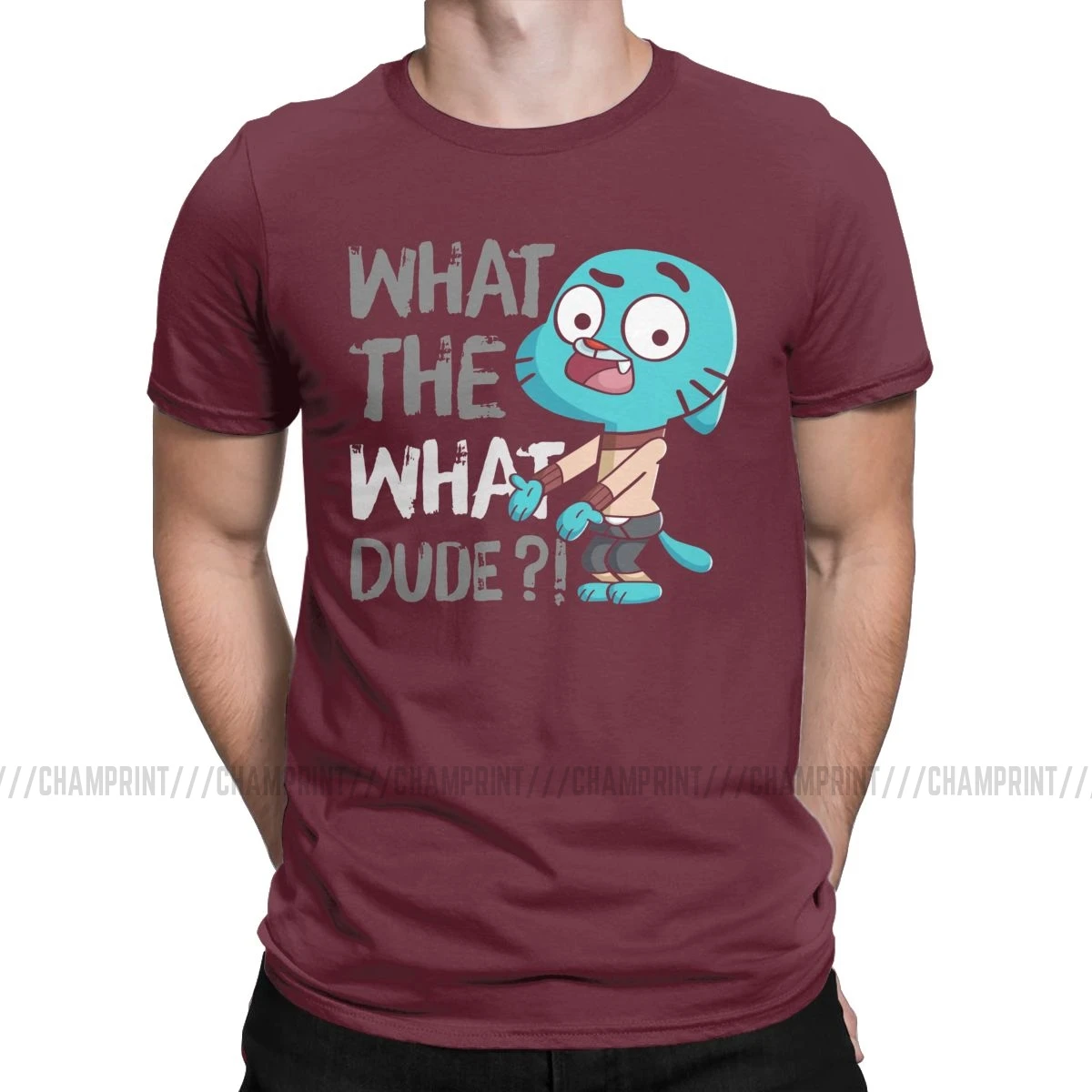 Men T-Shirt What The What Dude Creative Pure Cotton Tees Short Sleeve The Amazing World of Gumball T Shirt O Neck Tops Gift - Цвет: Бургундия