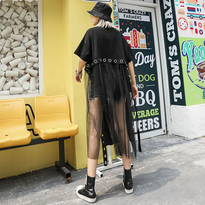 Женское Сетчатое платье XITAO черное Повседневное миди с отложным воротником и