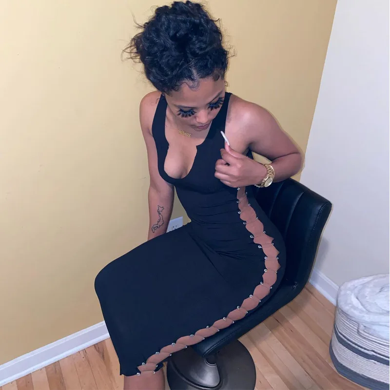 Женское длинное эластичное платье без рукавов Элегантное повседневное