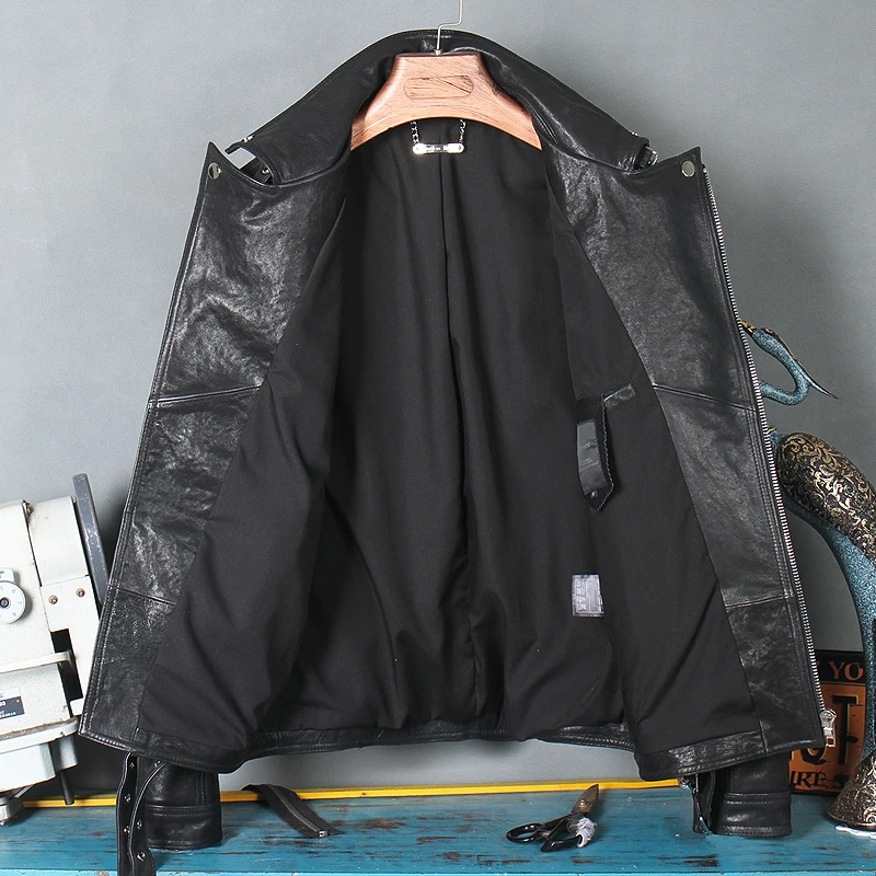 Бесплатная доставка. 2021 Модная тонкая дубленая овчина куртка. Мужское пальто из