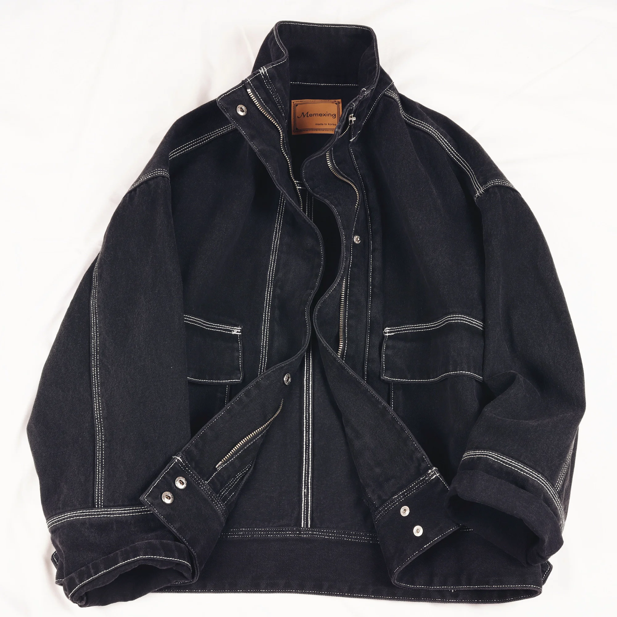 

Куртка женская джинсовая на молнии, Повседневная Свободная короткая верхняя одежда из денима, с длинным рукавом и большими карманами, в Кор...