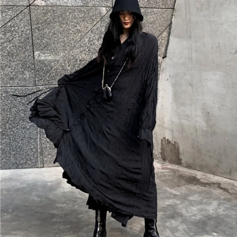 SHENGPALAE 2020 New Spring Long Dress Women Vintage Loose High Waist Slim Was Thin Elegant Black Shirt Pleated ZA2410 | Женская одежда
