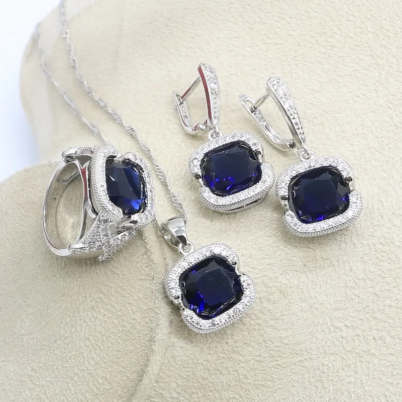 Classic Blue Semi-precious Silver Color Bridal Jewelry Sets For Women Necklace Earrings Ring Pendant Bracelets Gift Box | Украшения и