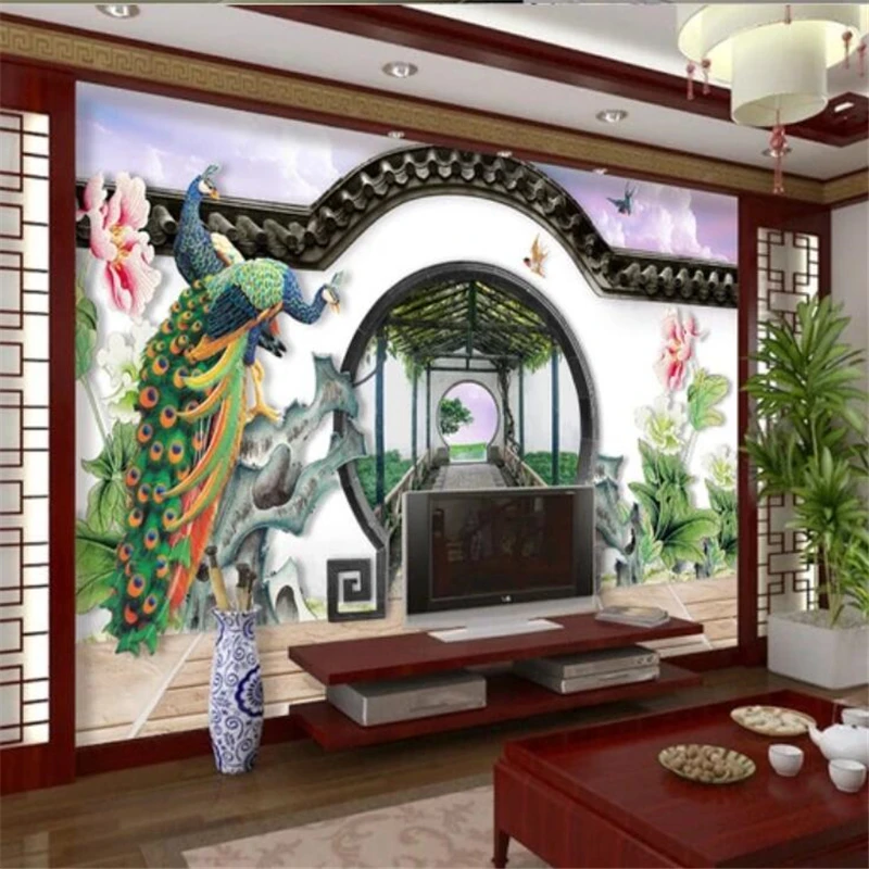 Обои beibehang под заказ павлин 3d садовые круглые двери луна дверь пион диван фон для