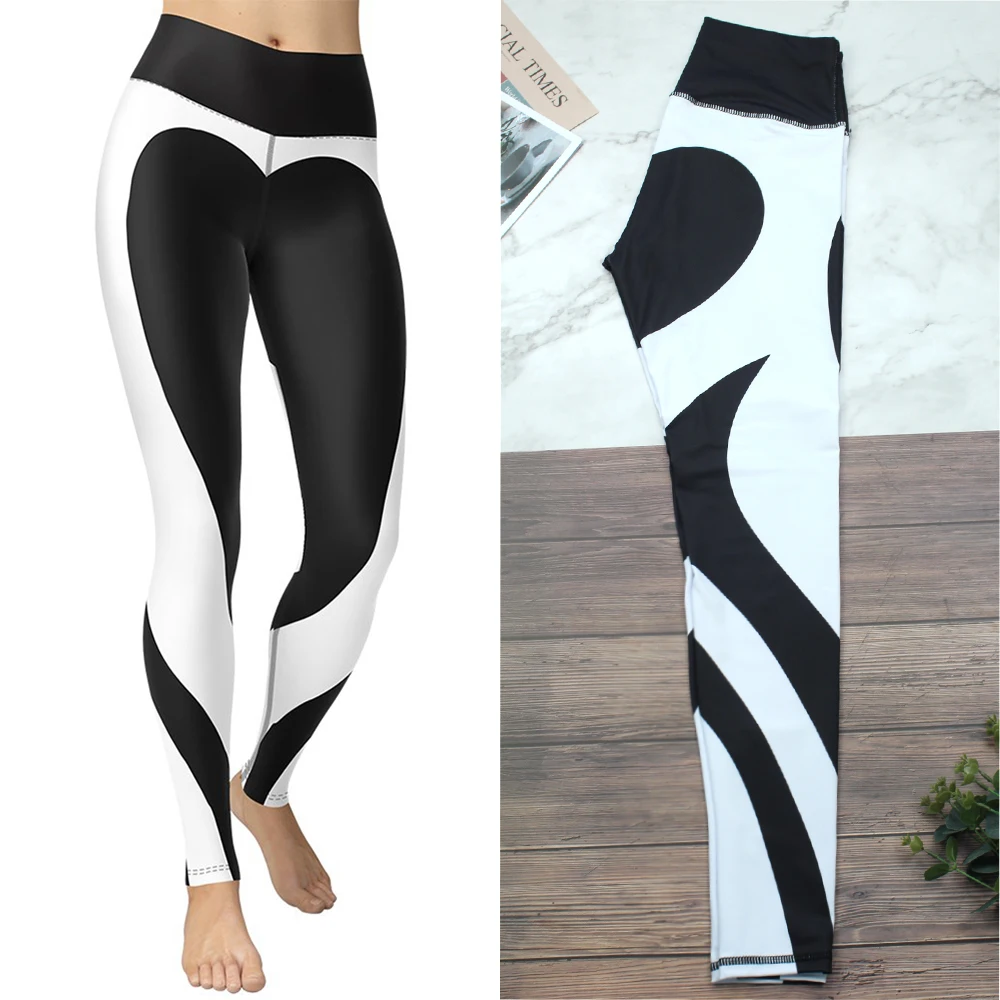 

Women's Black and White Yoga Pants Sports Leggings Gym Workout High Waist Yoga Pants Black Heart-shaped Yoga Leggings