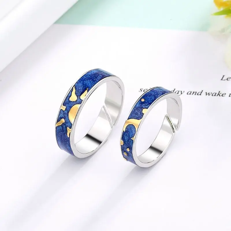 

2Pcs Van Gogh Blue Starry Sky Open Ring Day and Night Sun and Moon Always Thinking You Lover Rings Band Romantic Jewelry
