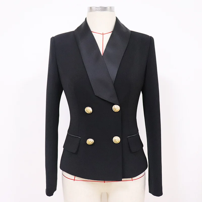 

2021 Black Women Jacketss Fashion Shawl Collar Suit Lion Metal Buckle Double-Breasted Slim Casual Long Sleeve Female Coats
