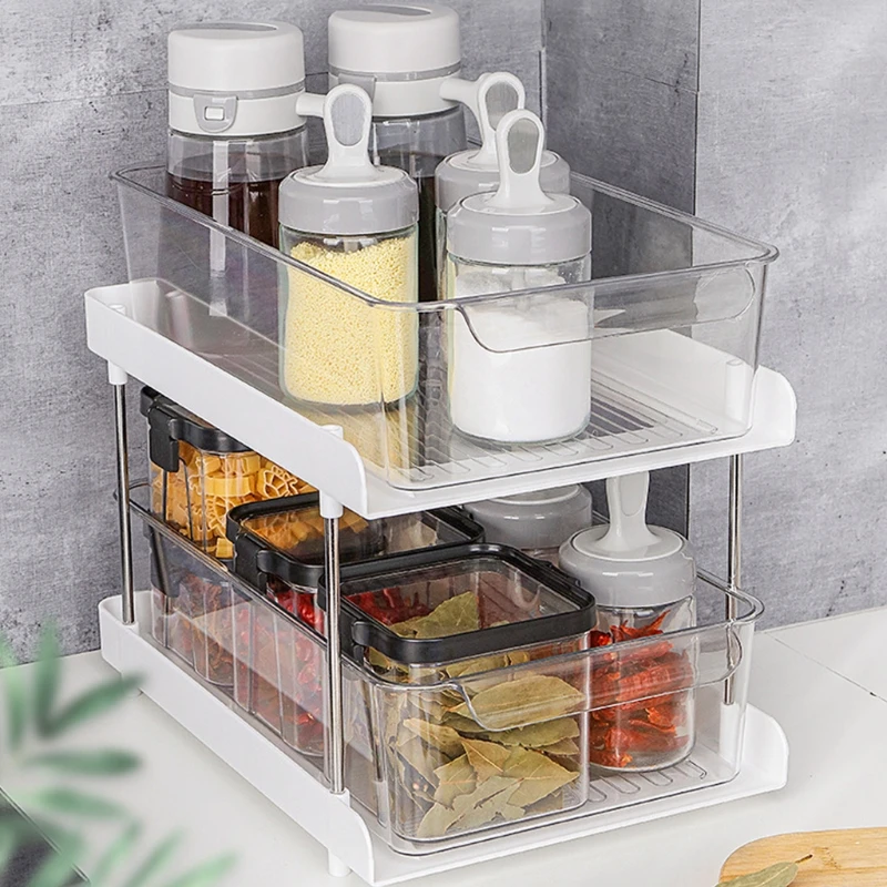

2 Tier Clear Drawer Bins Storage Holder with Handle Removable Drawers Rack