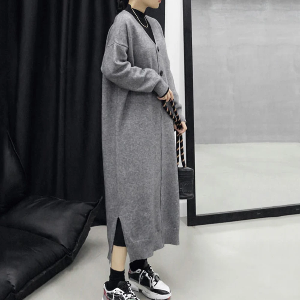 

Korean Fashion Women Knitting Dress Solid Color V-neck Split Fork Long Sleeve Pullover 2021 Autumn Winter New Loose Casual