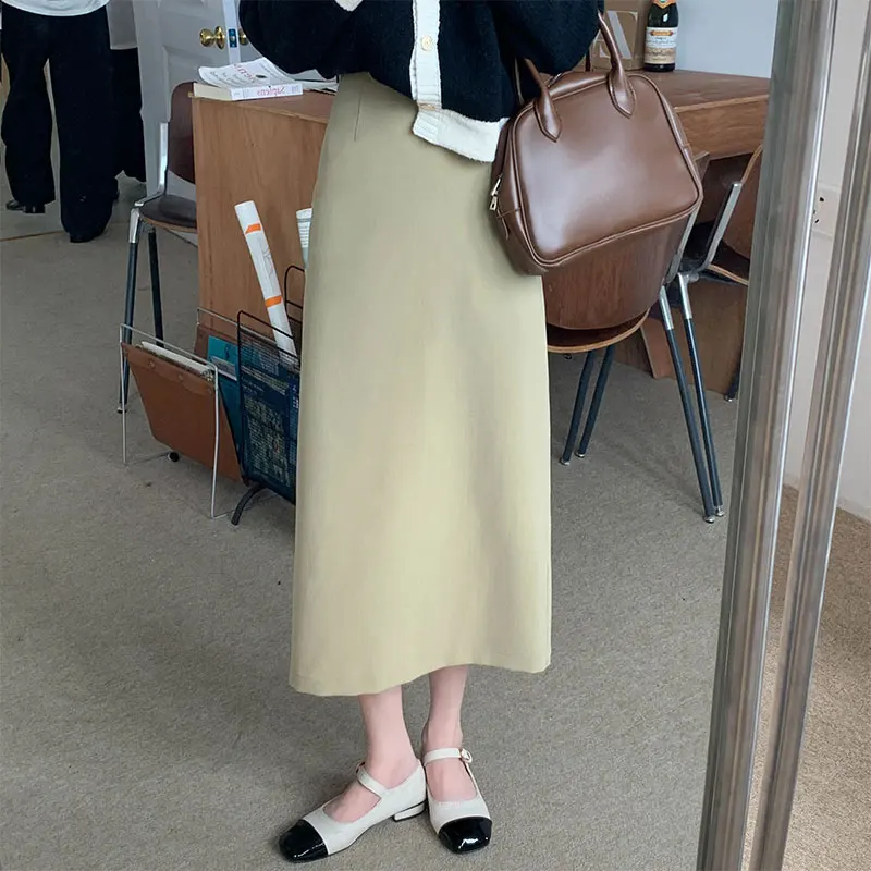 

SML 4Colors Autumn High Waist A line Skirts womens 2021 Casual Back Split Midi long Skirts womens(X2140)