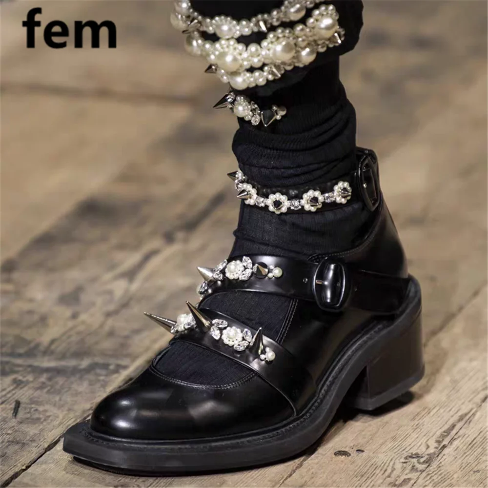

Женские туфли в стиле панк, туфли-лодочки с украшением из жемчуга и заклепками, туфли с ремешком на щиколотке, на низком каблуке, 2020