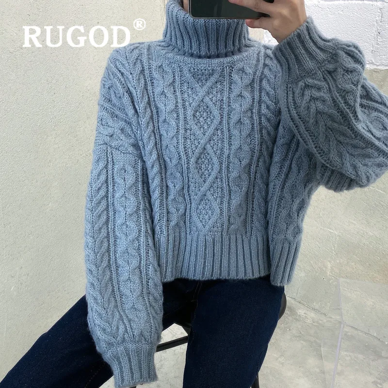 RUGOD Turtleneck Knitted Sweater Twist Pattern Pullover Solid Jumper Winter Tops For Women Knitwear Loose Korean Style Fashion | Женская