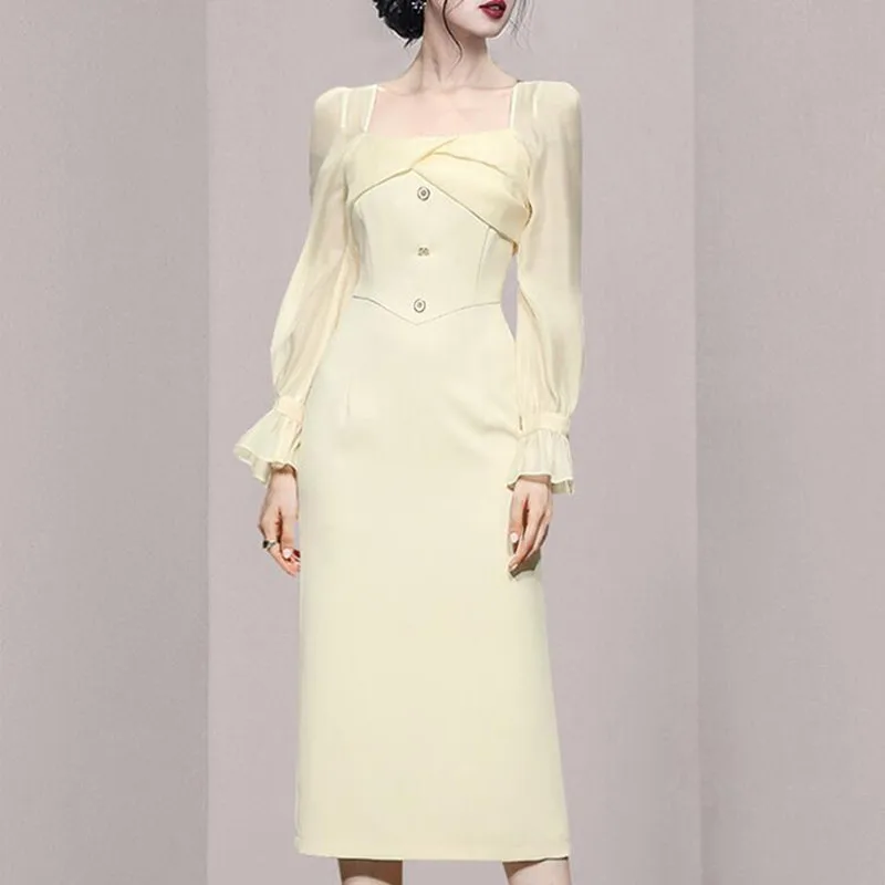 

ZAWFL 2021 Autumn Single-breasted Square Collar Sexy Slim Bodycon Vestidos Women Split Elegant Korean Dress Pencil Dresses