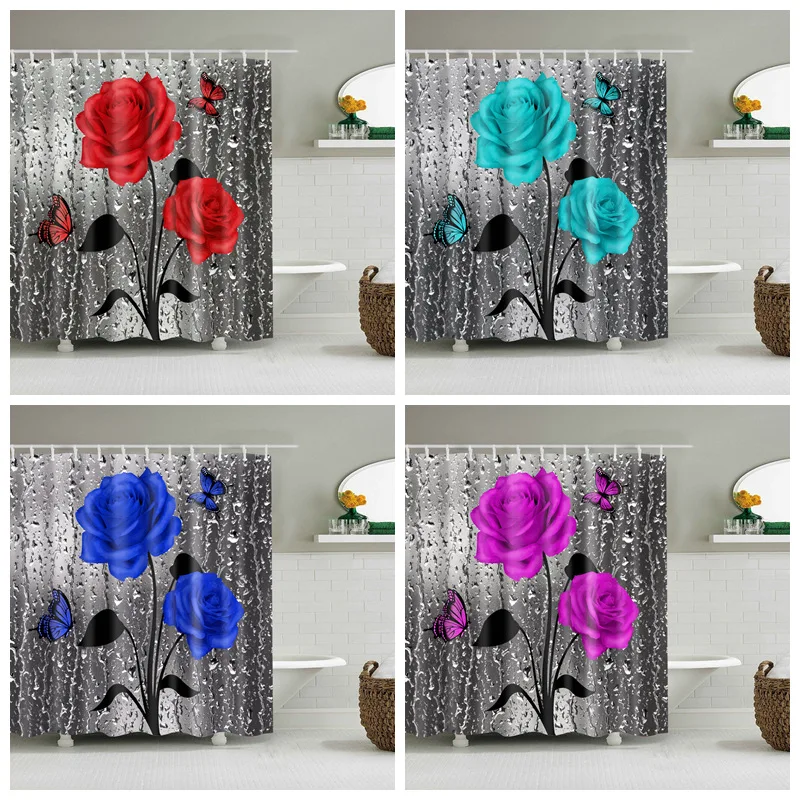 

Shower Curtain 3D Butterfly Flower Fabric Waterproof Bathroom Curtains Set Blue Rose Non-Slip Rug Toilet Lid Cover Bath Mat
