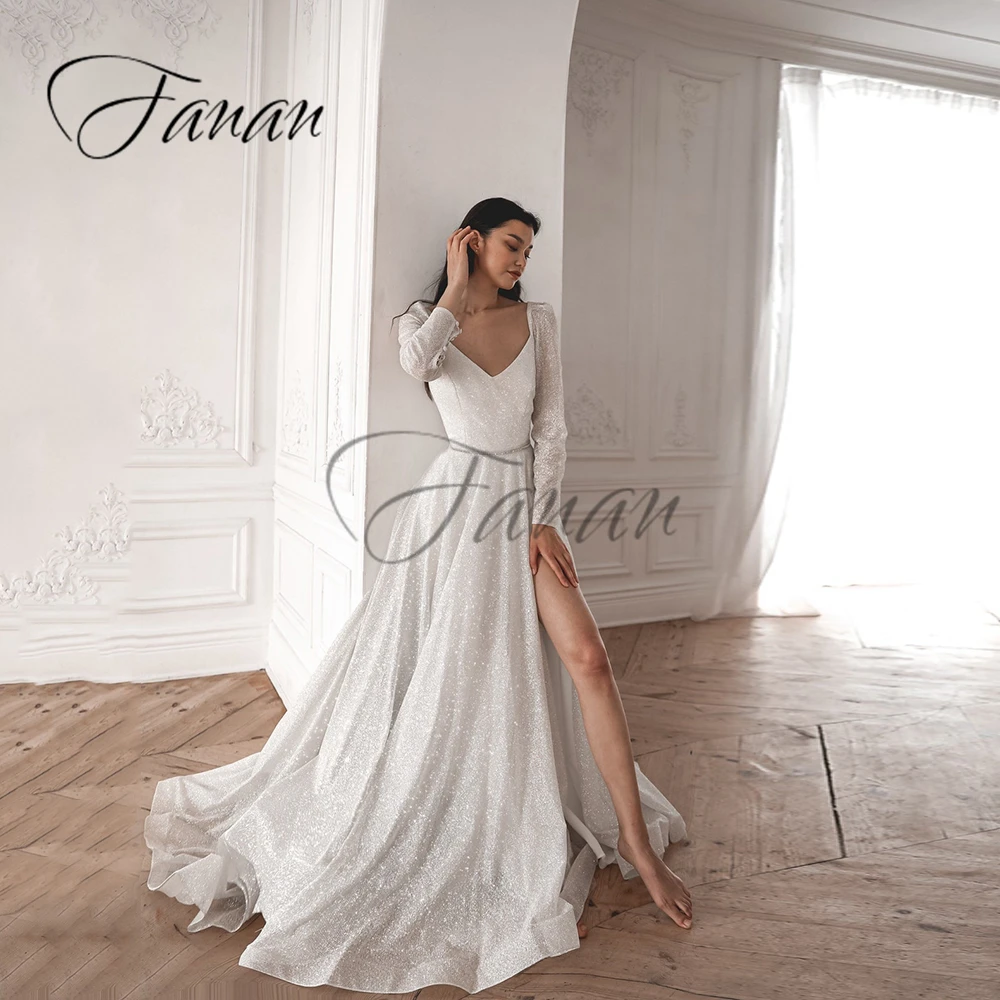 Glittery V-Ncek Front High Split Wedding Dresses Backless Long Sleeve Ruched Simple Bridal Gown robe de mariée vestido de novia