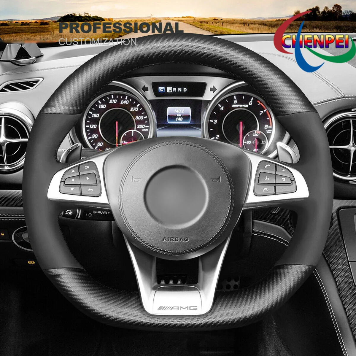 

DIY Hand-Sewn Carbon Fiber Suede Car Steering Wheel Cover For Benz C190 R190 W205 C117 C218 W213 Car Interior Accessories