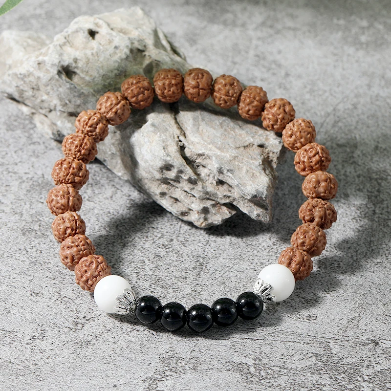 

OAIITE Ethnic Bead Bracelet for Yoga Meditation Jewelry Natural Rudraksha Seed Onyx Bead Bracelet for Women Men