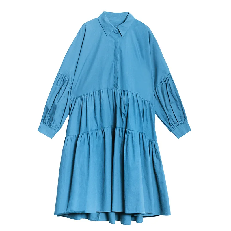 

Mozision Puff Sleeve A-line Dress For Women 2021 New Vintage Lapel Loose Pullover Mid-length Dresses Female Big Size Dress