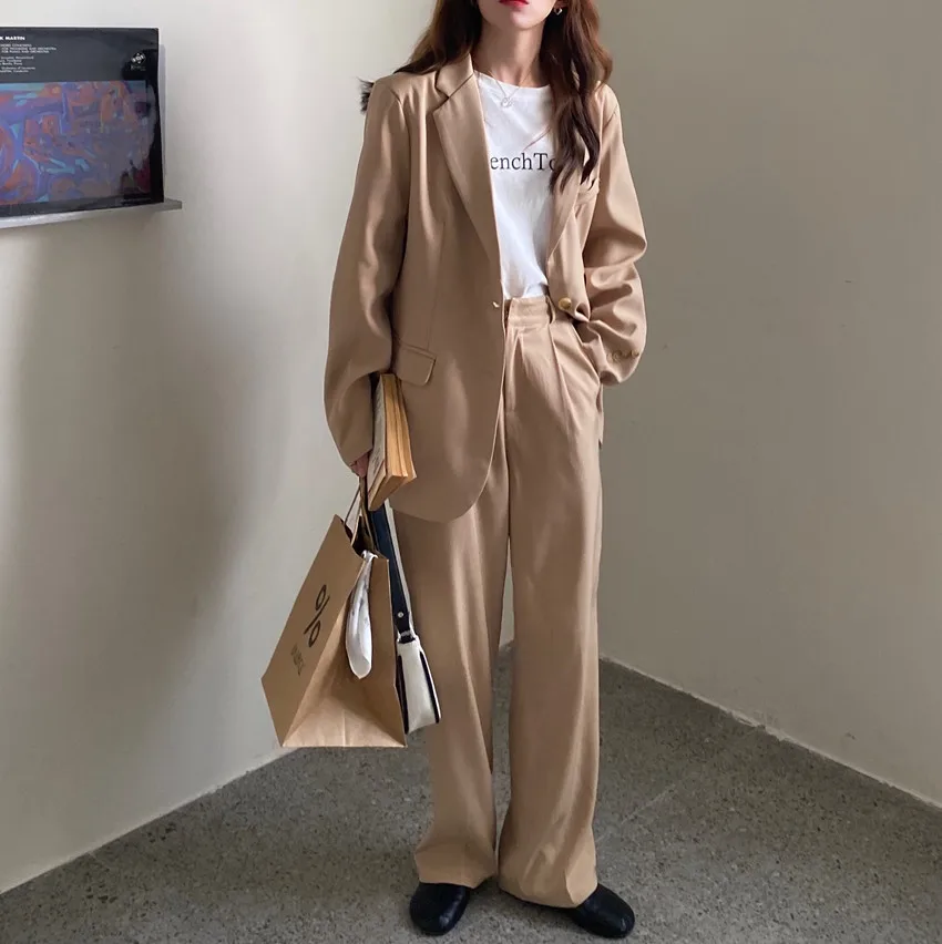 

2020 New Fashion Vintage Blazer Pants Suit OL Elegant Business Wear Blazers + High Waist Wide Leg Pants Suits 2 Piece Set