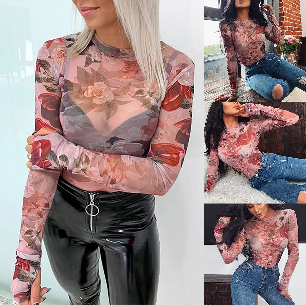 Модная женская сексуальная Сетчатая футболка с круглым вырезом и длинным