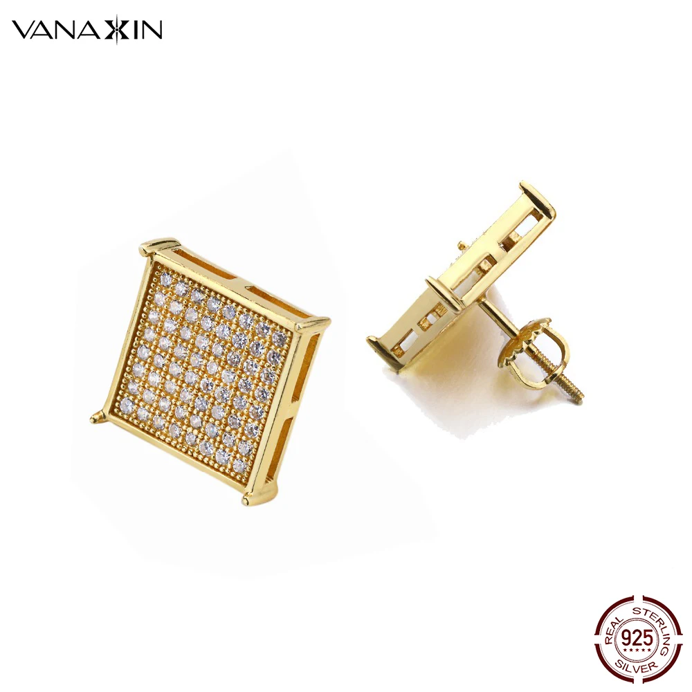 Купи VANAXIN 925 Sterling Silver Stud Earrings Vintage Paved Clear CZ Crystal Hip Hop Square Woman Stud Gold Color Fashion Big Jewels за 1,646 рублей в магазине AliExpress