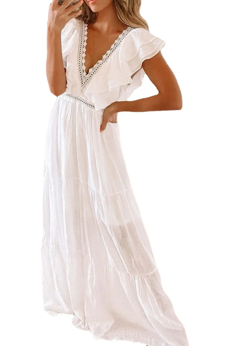 

boho hippie chic white party dress Summer butterfly short sleeve v neck lace trim patchwork high waist A-line maxi dress 2021