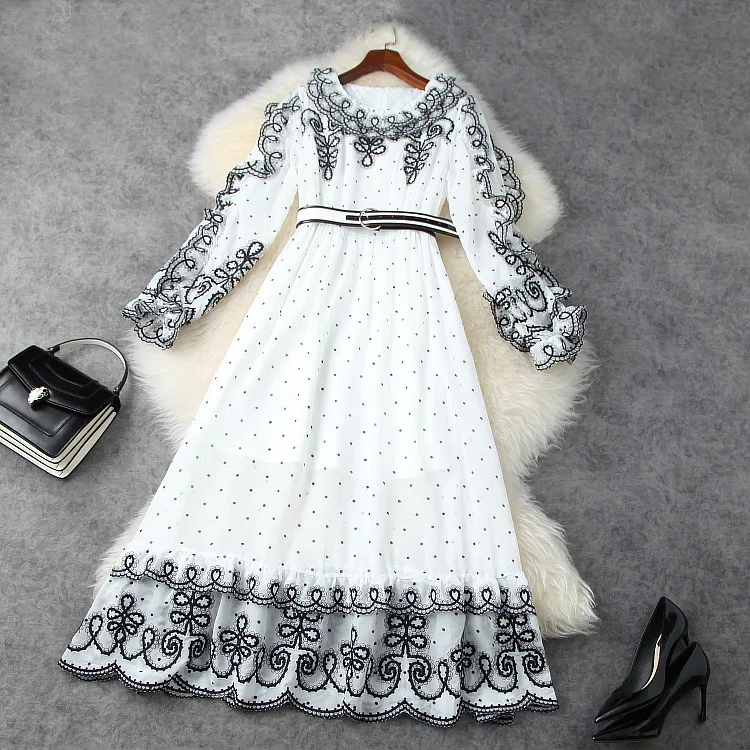 

Новинка Женская одежда в европейском и американском стиле Новинка Весна 2021 модное платье в горошек с длинными рукавами и круглым вырезом с ...