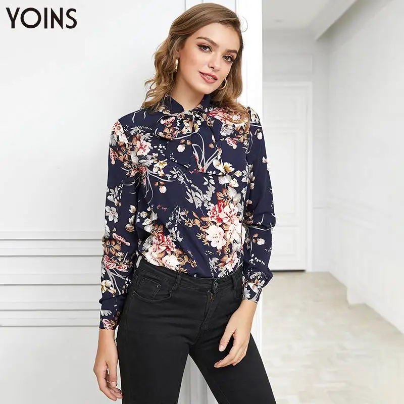 YOINS женская блузка с цветочным принтом и бантом длинным рукавом 2020 винтажная