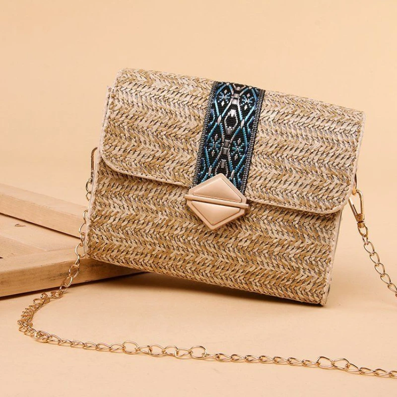

Beach Chain Straw Woven Bag Ribbon Stitching Women's Small Square Bag Shoulder Diagonal Bag Mobile Phone Coin Purse Female