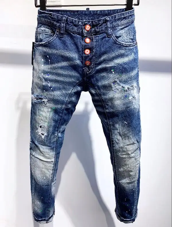 

FAKUNTN 2021 Men's Fashion Trend Patch Applique Washed Frayed Hole Painted Slim Fit Slim Jeans Mens Jeans